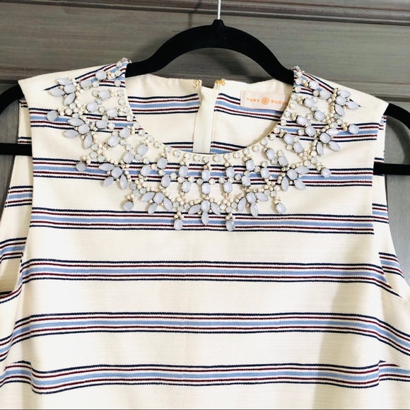 Tory Burch cream blue striped dress with jewels 8 - Picture 6 of 12